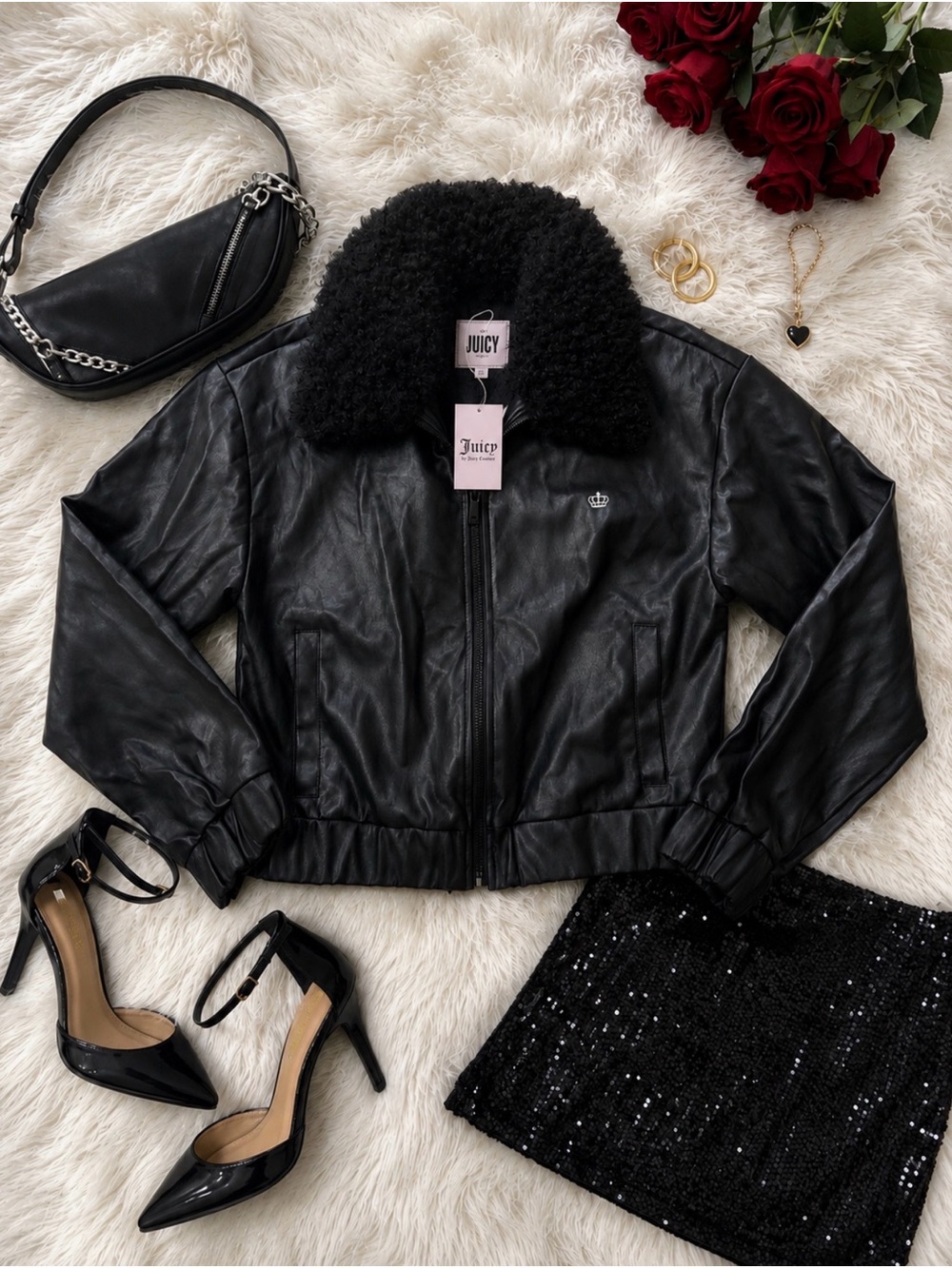 Juicy Couture Black Faux Leather Bomber Jacket with Shearling Collar